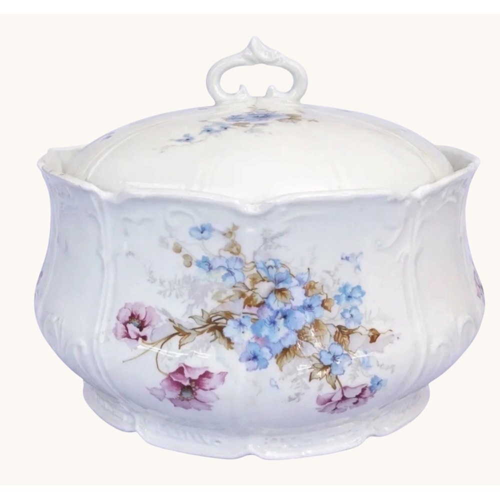 Vintage Porcelain Tureen Hand Painted Florals Covered Vegetable Dish- Lidded